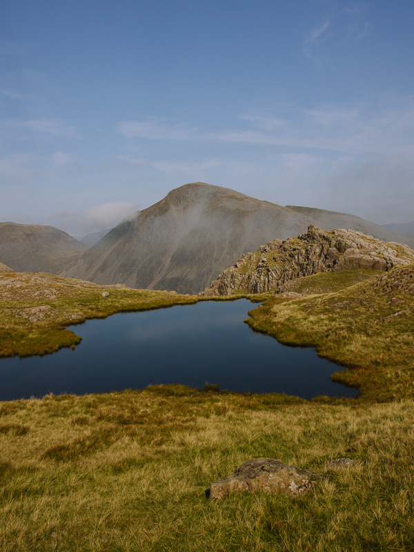 Tranquil tarn high up on a grassy slope