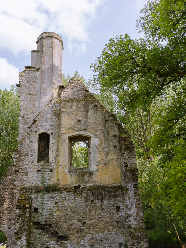 ruins of a church among green trees