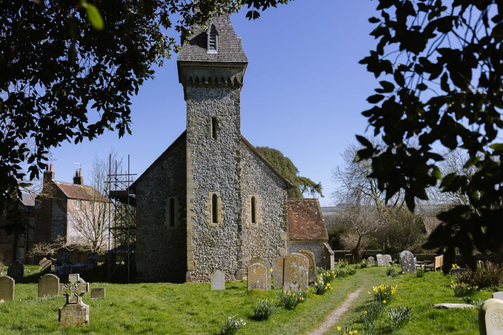 The 11th-century church and graveyard in South Stoke, overflowing with daffodils.